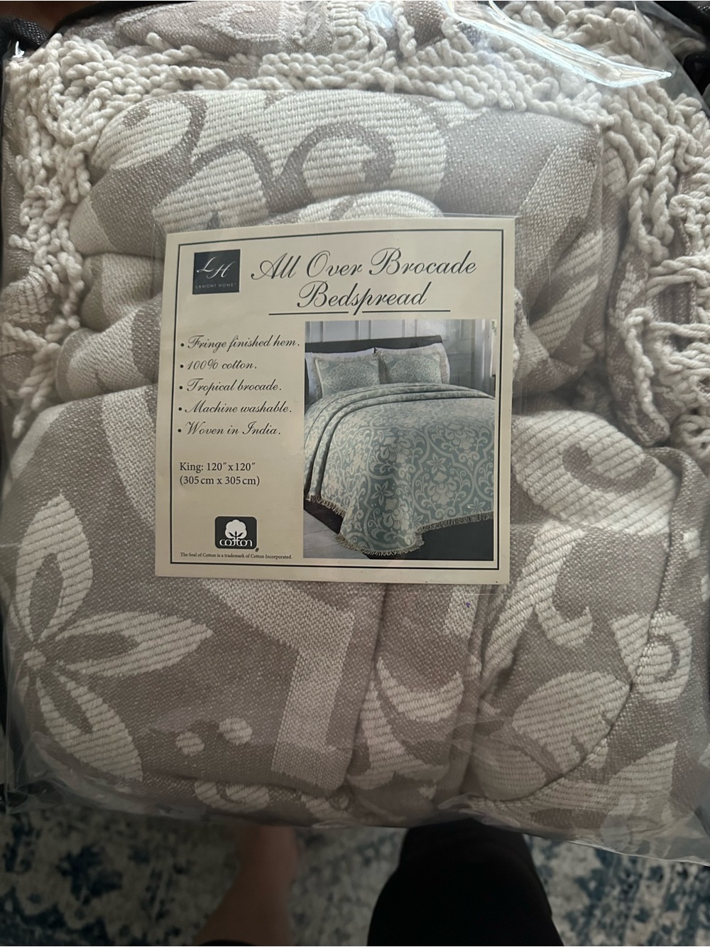 All Over Brocade Bedspread - Cream Floral Cotton Coverlet